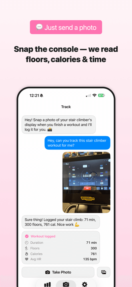StairSnap track screen โ send a photo of the stair climber console and the workout is logged